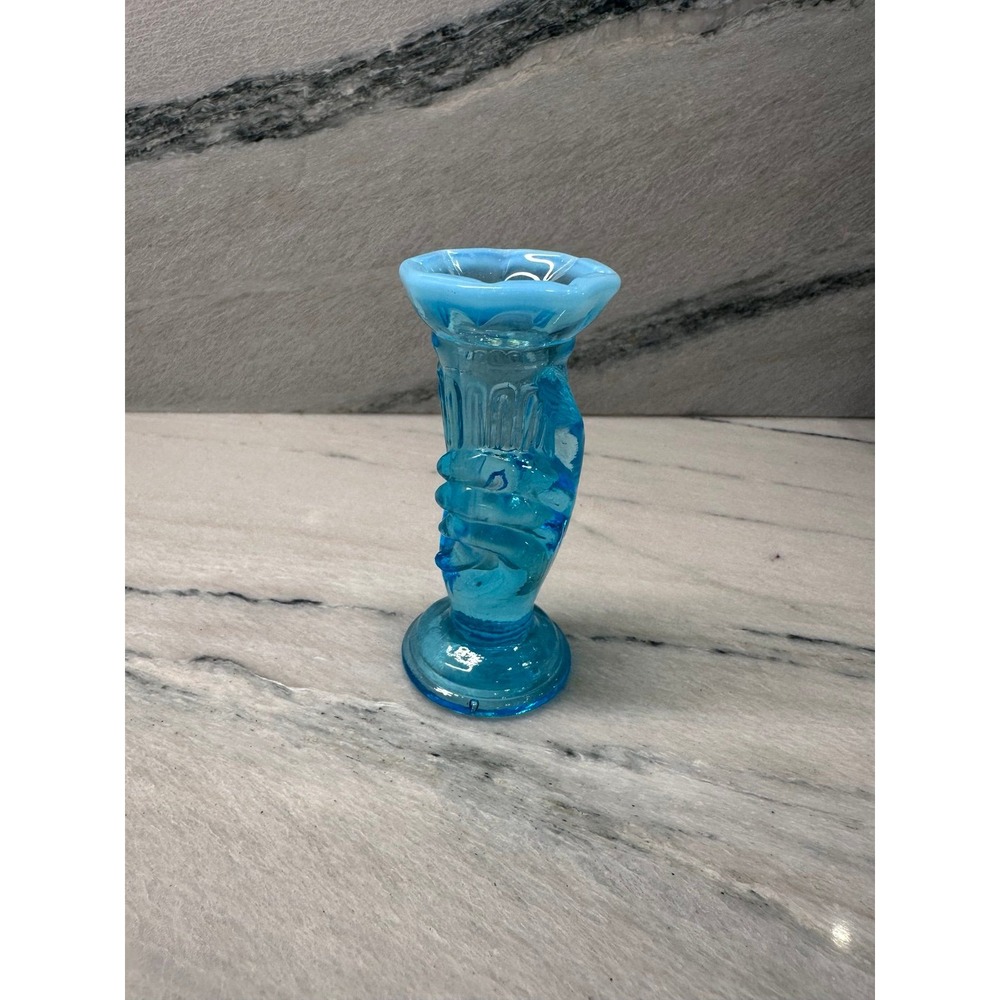 Vintage Fenton blue opalescent hand vase 4"